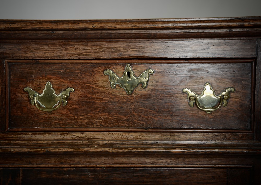 An 18th-century dark oak dresser base featuring three drawers over two cupboard doors flanking a central arched fielded panel with brass hardware. View III