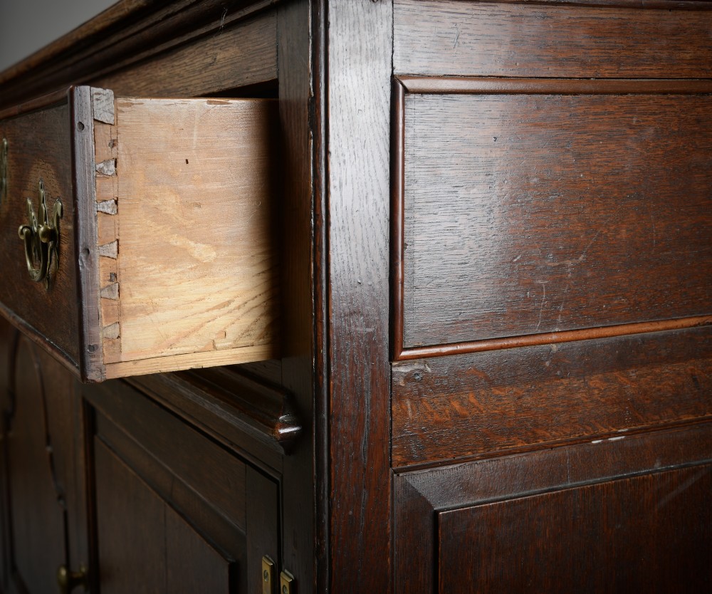 An 18th-century dark oak dresser base featuring three drawers over two cupboard doors flanking a central arched fielded panel with brass hardware. View VII