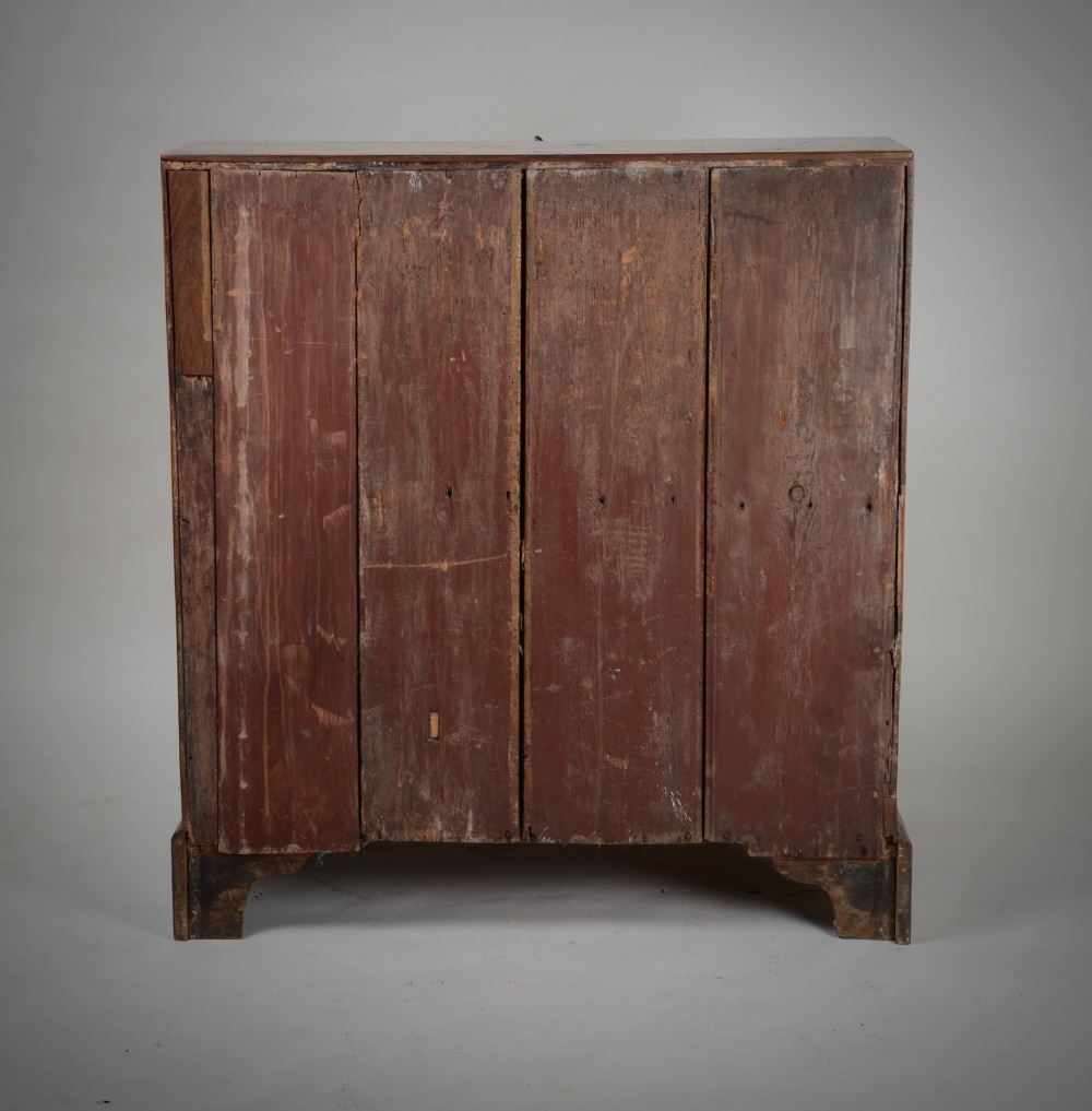 An 18th-century George II burr walnut bureau featuring a sloped fall-front flap above four graduated drawers with brass handles and bracket feet. View XIII