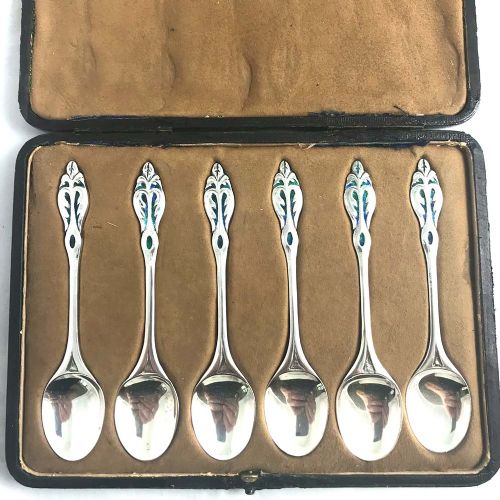 BOXED SET OF 6 SILVER AND ENAMEL SPOONS DESIGNED FOR LIBERTY CO