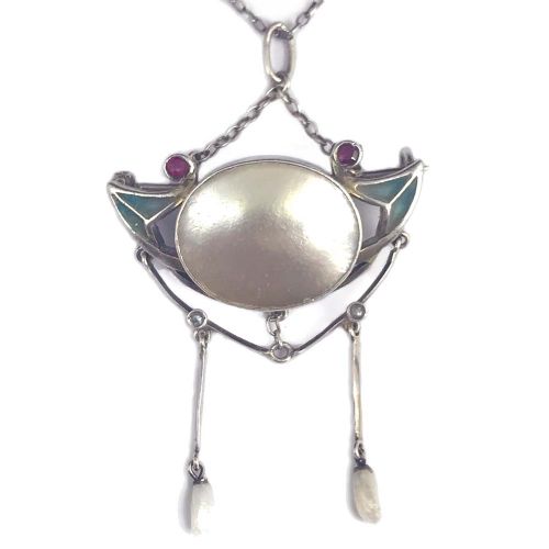 ART NOUVEAU SILVER PLIQUE A JOUR AND MOTHER OF PEARL ENAMEL PENDANT BROOCH ATTRIBUTED TO MEYLE MEYER