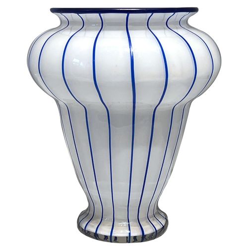 SECESSIONIST LARGE WHITE OPAL GLASS VASE WITH APPLIED BLUE STRIPES IN THE AUSFUEHRUNG 157 DECOR BY LOETZ