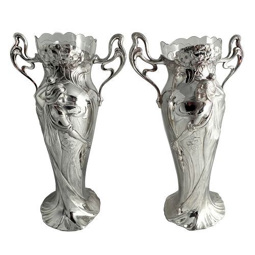PAIR OF ART NOUVEAU SILVERED PEWTER GLASS FIGURAL MAIDEN VASES BY WMF