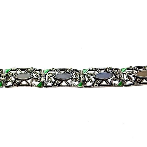 ART DECO STYLISH SILVER CHALCEDONY ENAMEL MARCASITE BRACELET - ADDITIONAL PHOTO 3