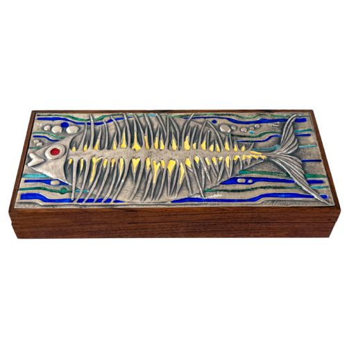 mid century rosewood silver enamel box with stylised fish by ottaviani - CATEGORY: ANTIQUE  - DATED 1950