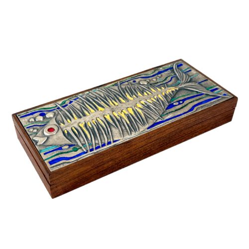 MID CENTURY ROSEWOOD SILVER ENAMEL BOX WITH STYLISED FISH BY OTTAVIANI - ADDITIONAL PHOTO 1