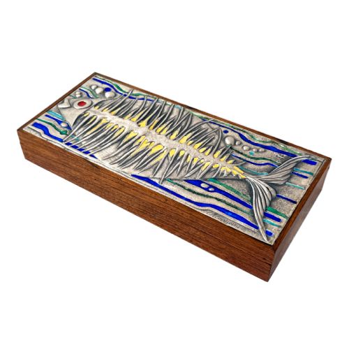 MID CENTURY ROSEWOOD SILVER ENAMEL BOX WITH STYLISED FISH BY OTTAVIANI - ADDITIONAL PHOTO 2