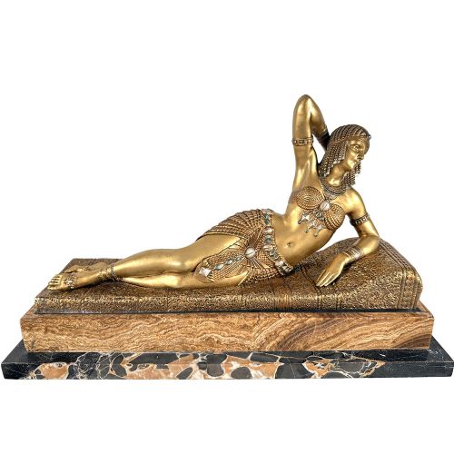CLEOPATRA ART DECO PATINATED BRONZE AND MARBLE FIGURE OF CLEOPATRA RECLINING BY DEMETRE CHIPARUS FRANCE