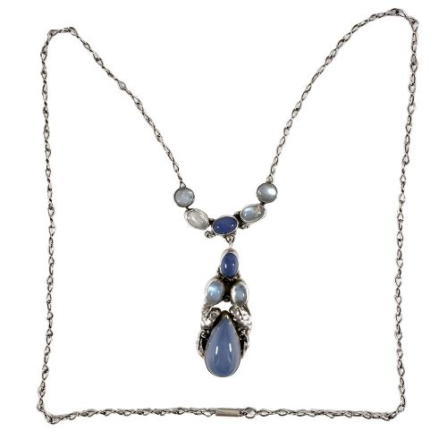 ARTS AND CRAFTS SILVER MOONSTONE AND CHALCEDONY PENDANT BY MARY THEW