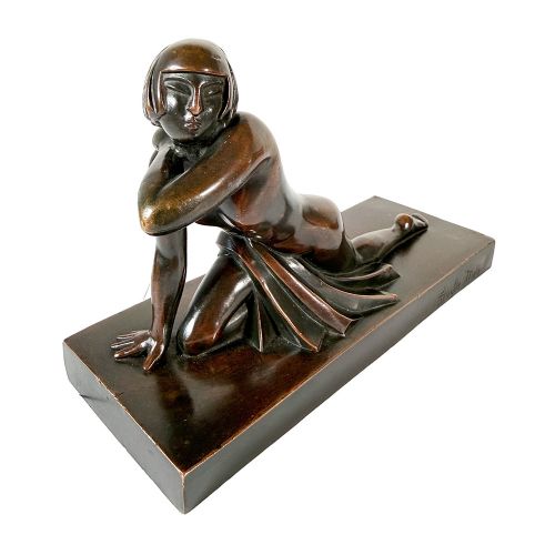 An Art Deco dark patinated bronze sculpture depicting a stylised female figure resting on an integrated rectangular bronze base. View III