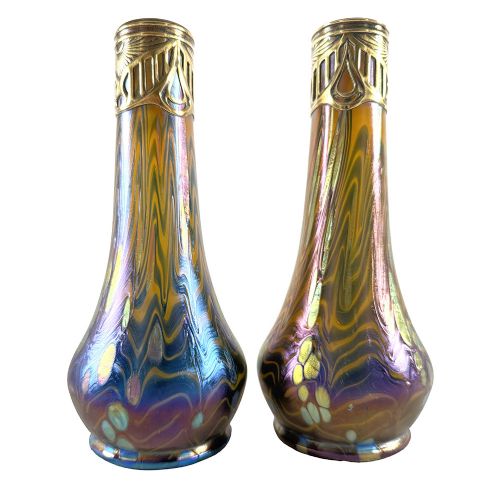rare pair of art nouveau brass mounted iridescent glass vases in the cytisus neuroth dcor by loetz for argentor - CATEGORY: ANTIQUE  - DATED 1900