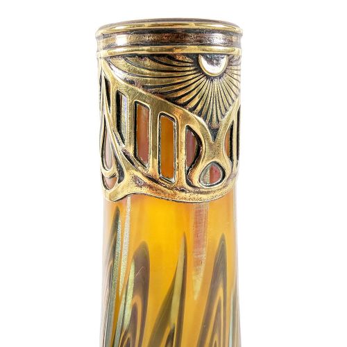RARE PAIR OF ART NOUVEAU BRASS MOUNTED IRIDESCENT GLASS VASES IN THE CYTISUS NEUROTH DCOR BY LOETZ FOR ARGENTOR - ADDITIONAL PHOTO 1