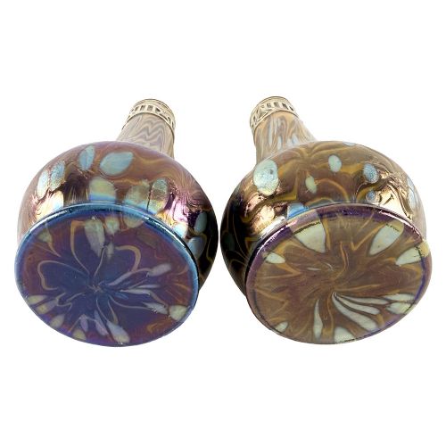 RARE PAIR OF ART NOUVEAU BRASS MOUNTED IRIDESCENT GLASS VASES IN THE CYTISUS NEUROTH DCOR BY LOETZ FOR ARGENTOR - ADDITIONAL PHOTO 3