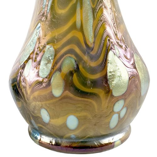 RARE PAIR OF ART NOUVEAU BRASS MOUNTED IRIDESCENT GLASS VASES IN THE CYTISUS NEUROTH DCOR BY LOETZ FOR ARGENTOR - ADDITIONAL PHOTO 6