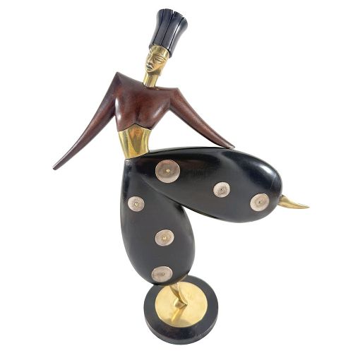 ART DECO TALL WOOD BRASS STYLISED FIGURE OF A DANCER ATTRIBUTED TO SIER KUNST