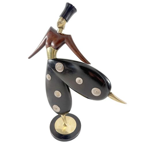 ART DECO TALL WOOD BRASS STYLISED FIGURE OF A DANCER ATTRIBUTED TO SIER KUNST - ADDITIONAL PHOTO 2