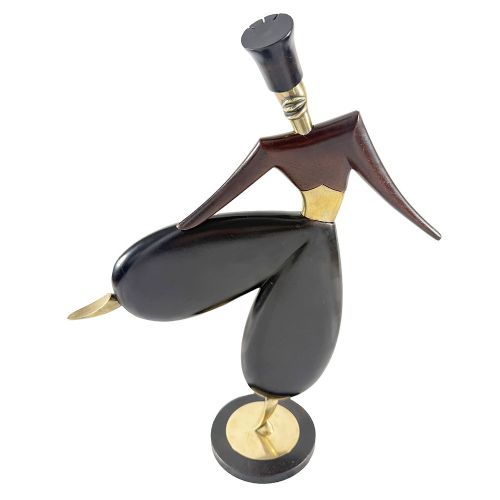 ART DECO TALL WOOD BRASS STYLISED FIGURE OF A DANCER ATTRIBUTED TO SIER KUNST - ADDITIONAL PHOTO 5