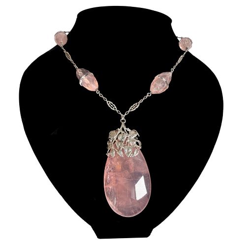 ARTS AND CRAFTS SILVER ROSE QUARTZ AND ROCK CRYSTAL NECKLACE ATTRIB TO AMY SANDHEIM