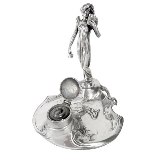 ART NOUVEAU FIGURAL PEWTER INKWELL WITH MAIDEN BY WMF