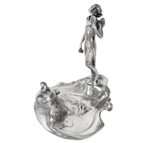 ART NOUVEAU FIGURAL PEWTER INKWELL WITH MAIDEN BY WMF - ADDITIONAL PHOTO 1