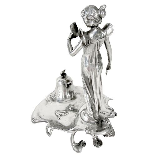 ART NOUVEAU FIGURAL PEWTER INKWELL WITH MAIDEN BY WMF - ADDITIONAL PHOTO 2