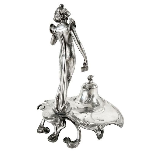 ART NOUVEAU FIGURAL PEWTER INKWELL WITH MAIDEN BY WMF - ADDITIONAL PHOTO 4