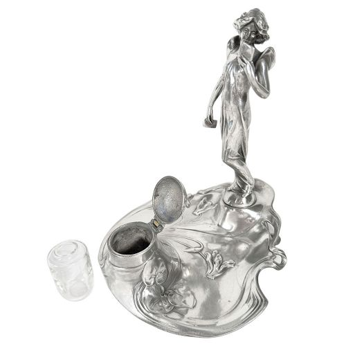 ART NOUVEAU FIGURAL PEWTER INKWELL WITH MAIDEN BY WMF - ADDITIONAL PHOTO 5