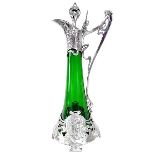 art nouveau silvered pewter and glass decanter with maidens head by wmf - CATEGORY: ANTIQUE GLASS - DATED 1900