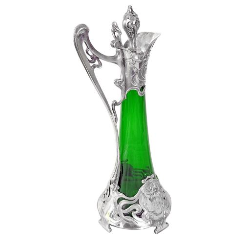 ART NOUVEAU SILVERED PEWTER AND GLASS DECANTER WITH MAIDENS HEAD BY WMF - ADDITIONAL PHOTO 1