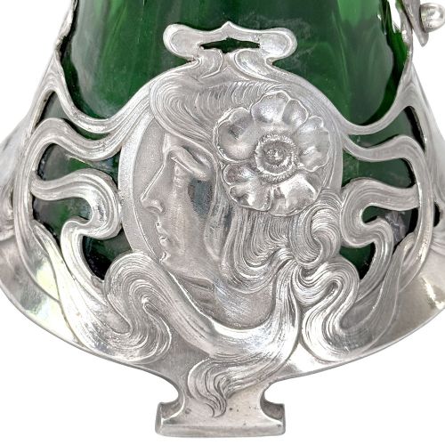 ART NOUVEAU SILVERED PEWTER AND GLASS DECANTER WITH MAIDENS HEAD BY WMF - ADDITIONAL PHOTO 2