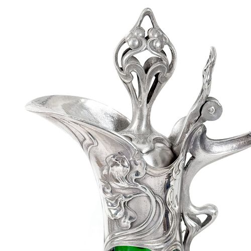 ART NOUVEAU SILVERED PEWTER AND GLASS DECANTER WITH MAIDENS HEAD BY WMF - ADDITIONAL PHOTO 4