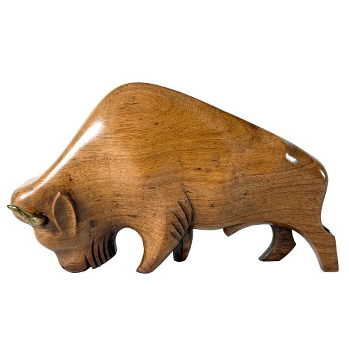 ART DECO CARVED WOOD BISON WITH BRASS HORNS BY HAGENAUER