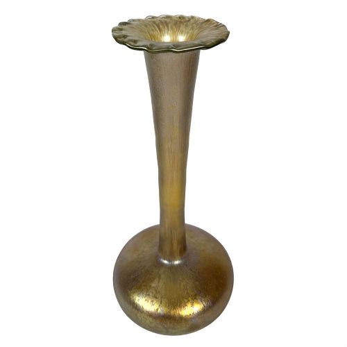 A tall Art Nouveau iridescent glass vase featuring a round bulbous base, an elongated slender stem, and a flared scalloped rim. View II