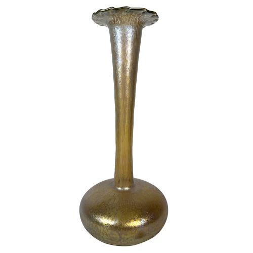 A tall Art Nouveau iridescent glass vase featuring a round bulbous base, an elongated slender stem, and a flared scalloped rim. View III