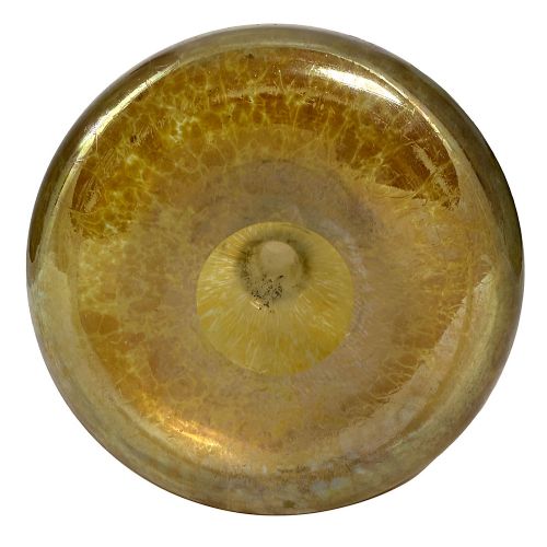 A tall Art Nouveau iridescent glass vase featuring a round bulbous base, an elongated slender stem, and a flared scalloped rim. View VII
