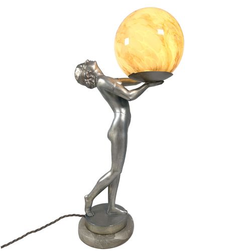 Art Deco Spelter, Onyx + Glass Standing Lady Lamp