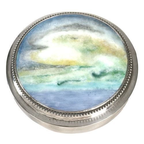 Arts & Crafts Silver Box + Cover with Landscape Enamel Plaque by the Guild of Handicrafts