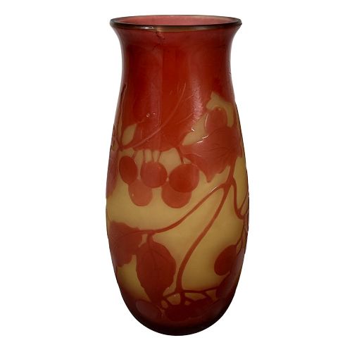 An Art Nouveau DArgental cameo glass vase featuring red acid-etched botanical leaf and berry motifs over a frosted yellow ground. View II