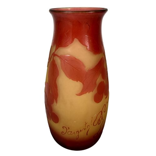 An Art Nouveau DArgental cameo glass vase featuring red acid-etched botanical leaf and berry motifs over a frosted yellow ground. View III
