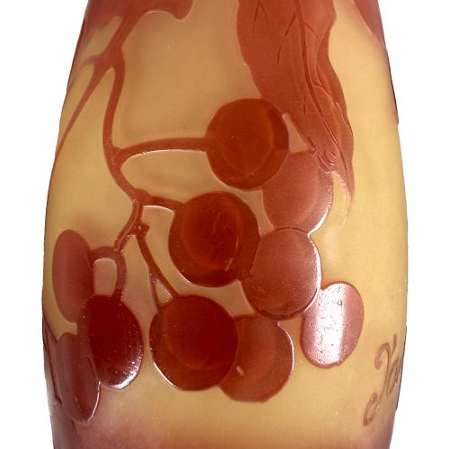 An Art Nouveau DArgental cameo glass vase featuring red acid-etched botanical leaf and berry motifs over a frosted yellow ground. View V