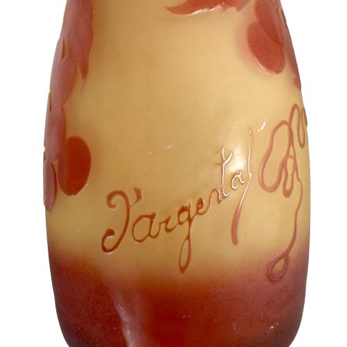 An Art Nouveau DArgental cameo glass vase featuring red acid-etched botanical leaf and berry motifs over a frosted yellow ground. View VI