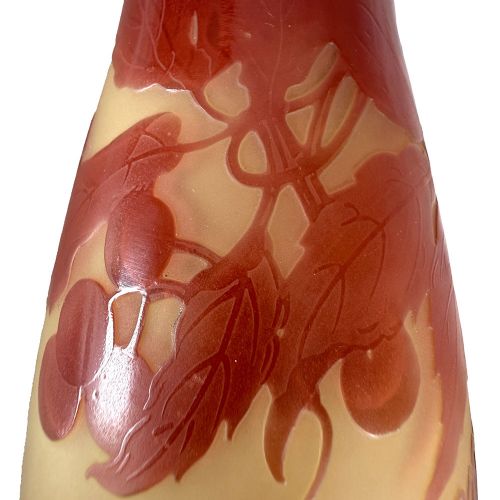An Art Nouveau DArgental cameo glass vase featuring red acid-etched botanical leaf and berry motifs over a frosted yellow ground. View VII