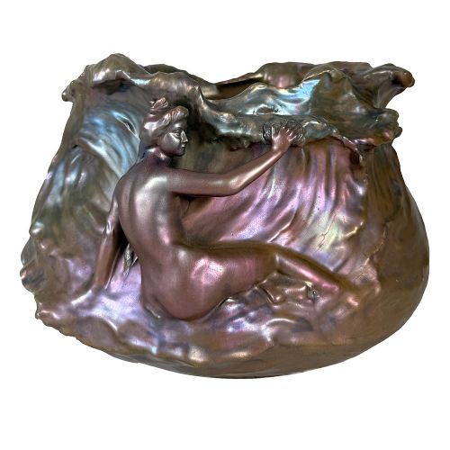 Rare Art Nouveau Iridescent Pottery Figural Planter by Clement Massier