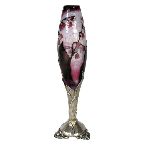 Art Nouveau silver mounted wheel carved glass lily of the valley vase by Georg Adam Scheid, the glass attributed to Daum