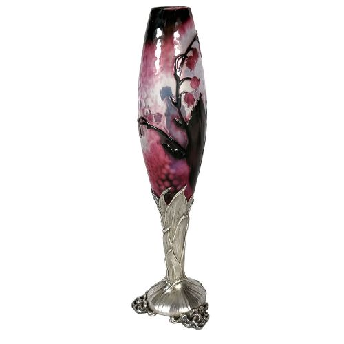 An Art Nouveau vase featuring wheel-carved purple and white glass with lily of the valley motifs set into a silver leaf-form pedestal base. View III