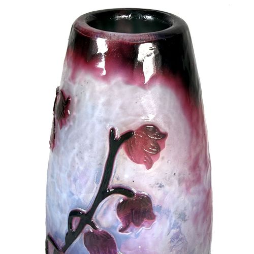 An Art Nouveau vase featuring wheel-carved purple and white glass with lily of the valley motifs set into a silver leaf-form pedestal base. View IV