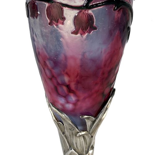 An Art Nouveau vase featuring wheel-carved purple and white glass with lily of the valley motifs set into a silver leaf-form pedestal base. View VI
