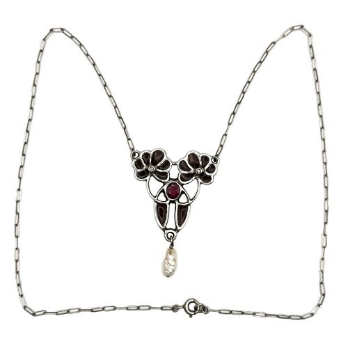 Art Nouveau Silver, Ruby and Plique a Jour Enamel Pendant