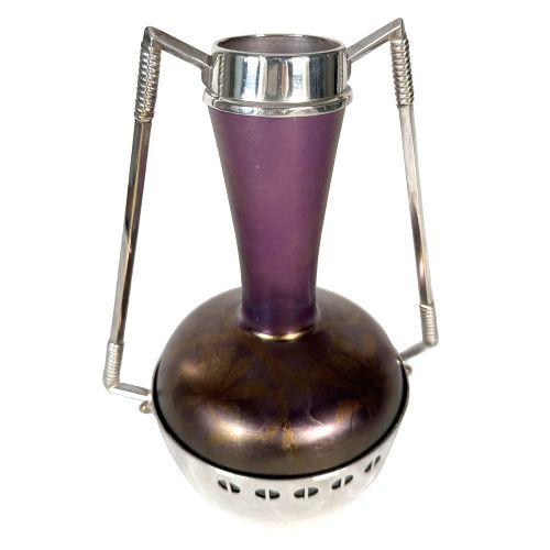 An Art Nouveau Secessionist purple iridescent glass vase held within a geometric silver-plated metal mount with high angular handles. View III