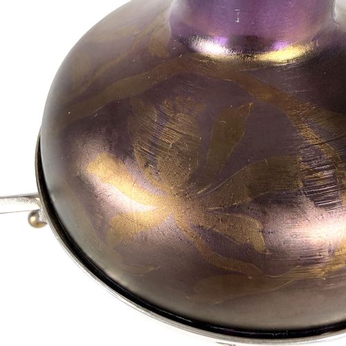 An Art Nouveau Secessionist purple iridescent glass vase held within a geometric silver-plated metal mount with high angular handles. View V